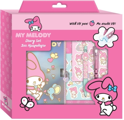 Подаръчен Комплект Май Мелъди, My Melody с Таен Дневник с Катинарче, Магически Химикал за Скрито Писане с UV Светлина, Стикери и Химикал с Клипс 22х26х5 см